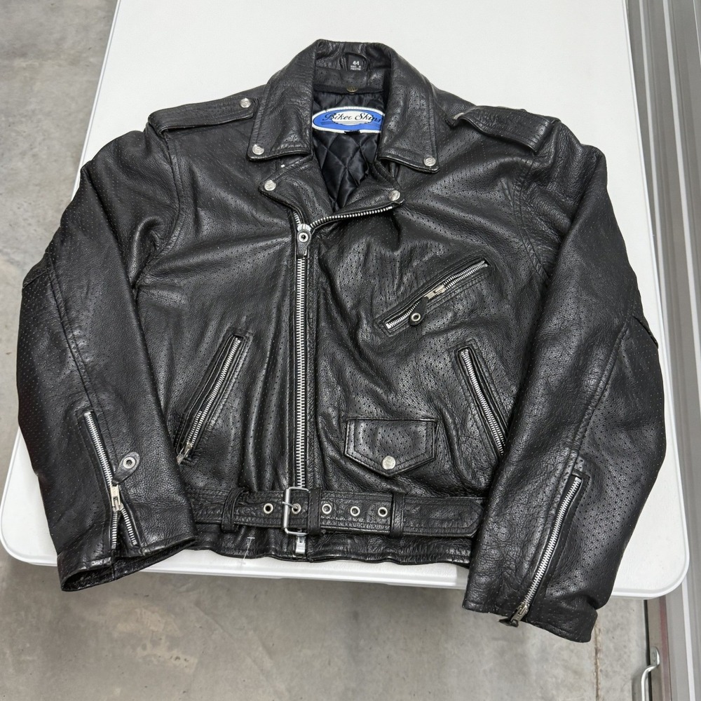 Biker Skins Motorcycle Jacket Mens 44 Black Excellent Perforated Leather Biker